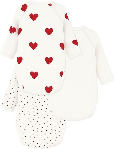 Petit Bateau Babies' Long-sleeved Wrapover Red Hearts Organic Cotton Bodysuits - 3-Pack STYLE A00AZ SIZES NB-12/M in Kuwait