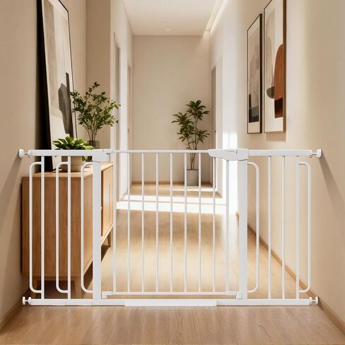 Cumbor 36.6-59" Extra Wide Baby Gate for Stairs, Auto Close Dog Gate White | Double Lock Safety for Doorways, One-Hand Open with 2-Way Swing, Child Gate for Toddler & Pets, Pressure or Hardware Mounted in Kuwait