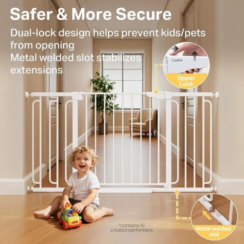 Cumbor 36.6-59" Extra Wide Baby Gate for Stairs, Auto Close Dog Gate White | Double Lock Safety for Doorways, One-Hand Open with 2-Way Swing, Child Gate for Toddler & Pets, Pressure or Hardware Mounted in Kuwait