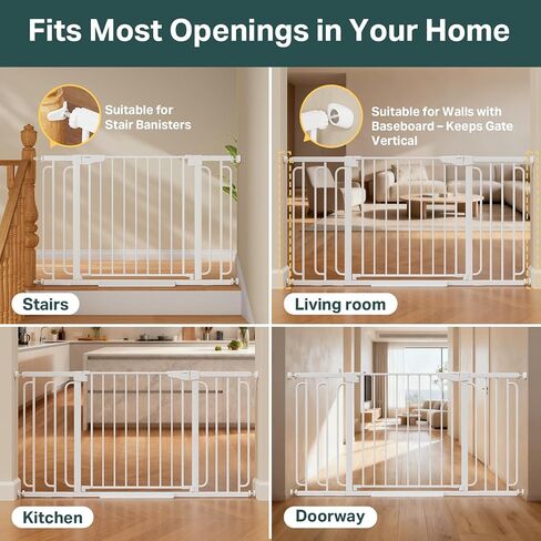 Cumbor 36.6-59" Extra Wide Baby Gate for Stairs, Auto Close Dog Gate White | Double Lock Safety for Doorways, One-Hand Open with 2-Way Swing, Child Gate for Toddler & Pets, Pressure or Hardware Mounted in Kuwait