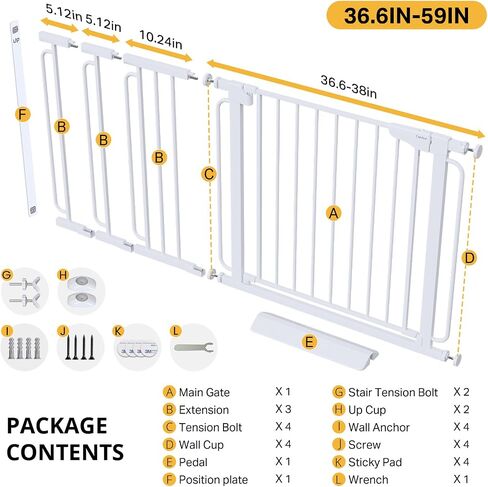 Cumbor 36.6-59" Extra Wide Baby Gate for Stairs, Auto Close Dog Gate White | Double Lock Safety for Doorways, One-Hand Open with 2-Way Swing, Child Gate for Toddler & Pets, Pressure or Hardware Mounted in Kuwait