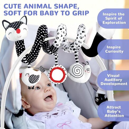 Car Seat Toys for Babies 0-6 Months, Baby Sensory Interaction Cartoon Toys with Bells_Black and White High Contrast Baby Toy Hanging or Wrapping Around The Infant Bed or Strollea03 ﻿ in Kuwait
