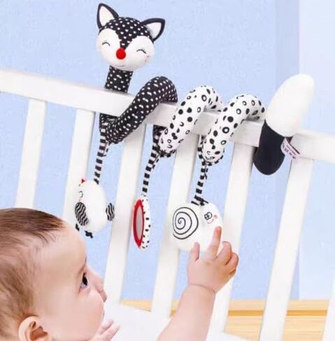 Car Seat Toys for Babies 0-6 Months, Baby Sensory Interaction Cartoon Toys with Bells_Black and White High Contrast Baby Toy Hanging or Wrapping Around The Infant Bed or Strollea03 ﻿ in Kuwait