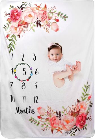 Baby Monthly Milestone Blanket for Boy Girl Soft Floral Memory Blanket Newborn Growth Chart Milestone Blanket Cute Photo Background Blanket with Wreath (51x40In) in Saudi Arabia