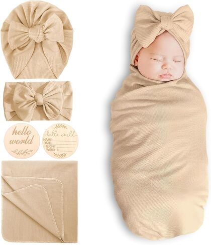 DRESHOW BQUBO Baby Girl Newborn Receiving Blankets with Bow Hat Headband Wooden Birth Announcement Card Set Newborn Baby Swaddle Wrap Set Warm Shower Gift in Kuwait