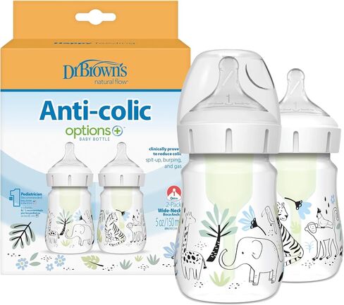 Dr. Brown's Anti-Colic Options+ Wide-Neck Baby Bottle Designer Edition Bottles, Jungle Decos, 5 oz/150 mL, Level 1 Nipple, 0m+, 2-Pack in Kuwait