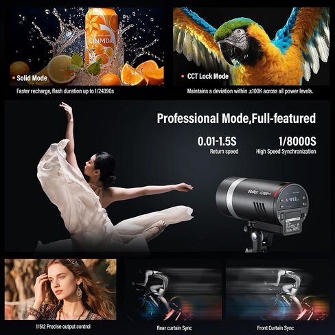 GODOX AD300 Pro II (2026 Upgraded) 300Ws 2.6lb Outdoor Flash Strobe | Portable, TTL, HSS 1/8000s, 350 Flashes, 1/512-1/1 Power Adjust, Solid/CCT Lock Mode, 12W Bi-Color Modeling Lamp, Touchscreen in Kuwait