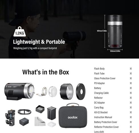 GODOX AD300 Pro II (2026 Upgraded) 300Ws 2.6lb Outdoor Flash Strobe | Portable, TTL, HSS 1/8000s, 350 Flashes, 1/512-1/1 Power Adjust, Solid/CCT Lock Mode, 12W Bi-Color Modeling Lamp, Touchscreen in Kuwait