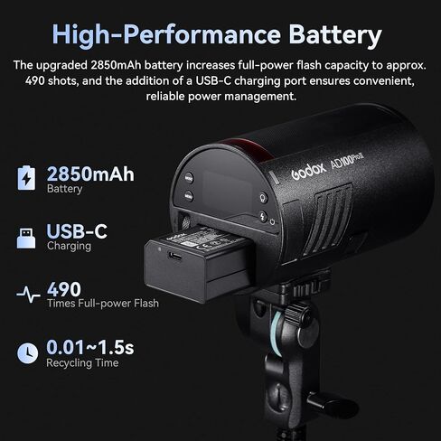 Godox AD100 Pro II AD100ProII Pocket Flash, 100Ws Strobe Light One-Touch Sync with X3/X3Pro, 2.4G TTL 1/8000s HSS,490 Full Power Flashes,0.01~1.5s Recycle Time (AD100ProII) in Kuwait