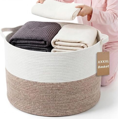 XXXXL 125L Extra Large Blanket Basket, 23.6"x16.9" Giant Woven Cotton Rope Storage Basket with Handle Laundry Hamper Toys Organizer Bin for Living Room Nursery Play Room(Khaki, Brown & Black) in Kuwait