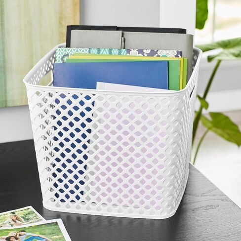 1 Piece, White 13-Inch Cube Storage Basket – Durable Plastic Organizer Bin with Handles in Kuwait