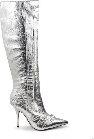 Womem Knee High Boots Pointed Toe Stiletto Heels Side Zipper Rivets Tassels Boots Bexie-3 in Kuwait