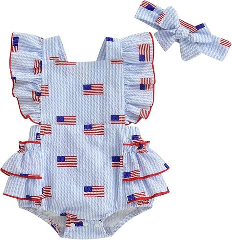 Baby Girls 4th of July Outfits Stars Stripe American Flag Romper Bodysuit With Headband in Kuwait