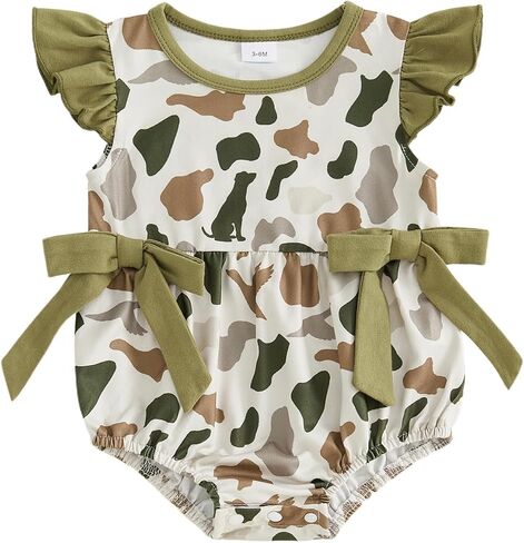 ​Baby Girl Hunting Camo Jungle Smocked Bubble Romper Flutter Sleeve Bodysuit Bow Jumpsuit Cute Newborn Summer Outfit in Kuwait