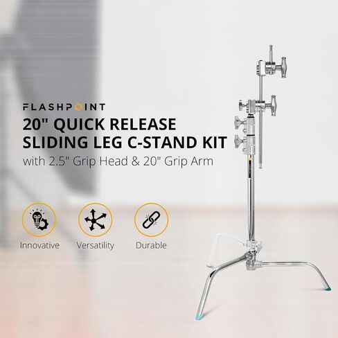 Flashpoint 20" Quick Sliding Leg C-Stand Kit with 2.5" Grip Head & 20" Grip Arm (Chrome) in Kuwait