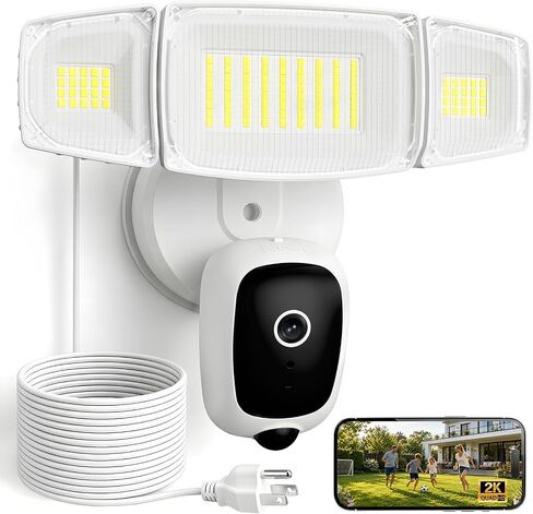 Olafus Floodlight Camera with 20FT Plug, 2K HD Outdoor Security Camera, 5500LM Motion-Activated Light Camera with Color Night Vision, 2-Way Audio & Siren, Cloud/SD Storage, Alexa & Google Compatible in Kuwait