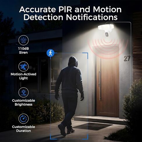 Olafus Floodlight Camera with 20FT Plug, 2K HD Outdoor Security Camera, 5500LM Motion-Activated Light Camera with Color Night Vision, 2-Way Audio & Siren, Cloud/SD Storage, Alexa & Google Compatible in Kuwait