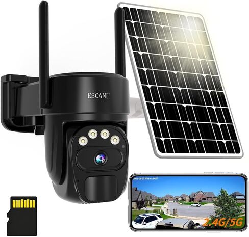 ESCANU Security Cameras Wirelss Outdoor Solar Powered for Home Security,360 View Outside Camera with SD Card, 5G/2.4GHz WiFi,Motion Detection,IP-65 Weather Proof,No Subscription Fee in Kuwait