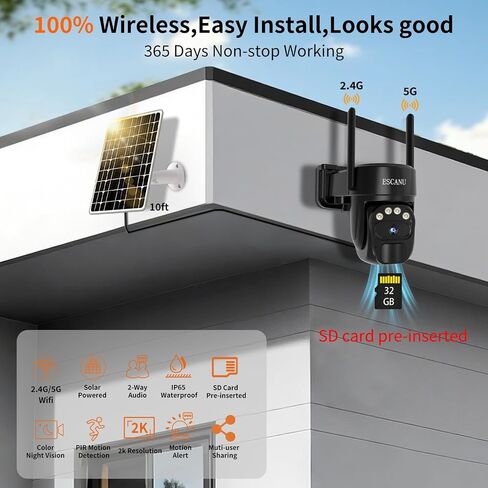 ESCANU Security Cameras Wirelss Outdoor Solar Powered for Home Security,360 View Outside Camera with SD Card, 5G/2.4GHz WiFi,Motion Detection,IP-65 Weather Proof,No Subscription Fee in Kuwait