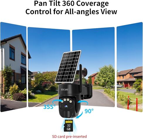 ESCANU Security Cameras Wirelss Outdoor Solar Powered for Home Security,360 View Outside Camera with SD Card, 5G/2.4GHz WiFi,Motion Detection,IP-65 Weather Proof,No Subscription Fee in Kuwait