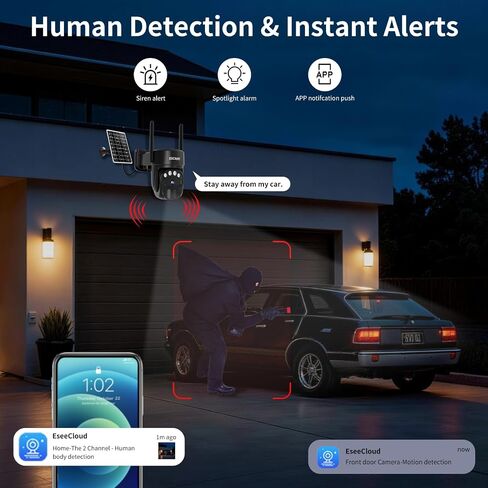 ESCANU Security Cameras Wirelss Outdoor Solar Powered for Home Security,360 View Outside Camera with SD Card, 5G/2.4GHz WiFi,Motion Detection,IP-65 Weather Proof,No Subscription Fee in Kuwait