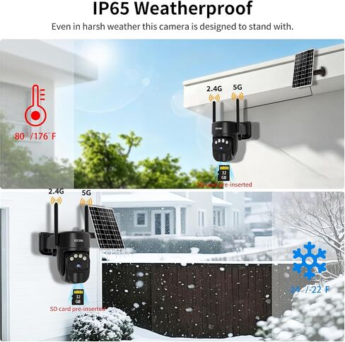 ESCANU Security Cameras Wirelss Outdoor Solar Powered for Home Security,360 View Outside Camera with SD Card, 5G/2.4GHz WiFi,Motion Detection,IP-65 Weather Proof,No Subscription Fee in Kuwait