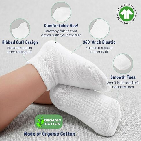 GOTS Organic Cotton Blend Ankle Toddler Socks 6M-12M-2t-3t-4t-5t Baby Gift | Oeko-Tex Certified, Ankle Socks, 6 PairToddler Socks 2T, Newborn Socks Boys, White, Unisex Design, 1-3 Years, Ultra-soft in Kuwait
