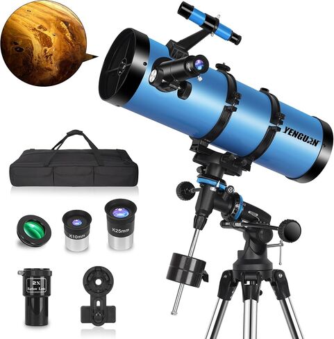 Telescope150EQ for Adults High Powered, Professional Newtonian Reflector Telescope for Beginner in Astronomy, with Carry Bag, Stainless Tripod, Moon Filter and Phone Adapter, Blue in Kuwait