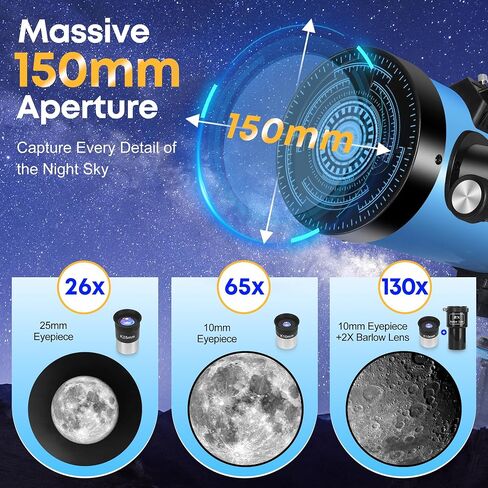 Telescope150EQ for Adults High Powered, Professional Newtonian Reflector Telescope for Beginner in Astronomy, with Carry Bag, Stainless Tripod, Moon Filter and Phone Adapter, Blue in Kuwait
