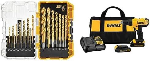 DEWALT 20V Max Cordless Drill / Driver Kit, Compact, 1/2-Inch with Titanium Drill Bit Set, Pilot Point, 21-Piece (DCD771C2 & DW1361) in Kuwait