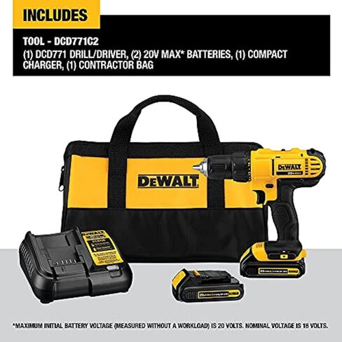 DEWALT 20V Max Cordless Drill / Driver Kit, Compact, 1/2-Inch with Titanium Drill Bit Set, Pilot Point, 21-Piece (DCD771C2 & DW1361) in Kuwait