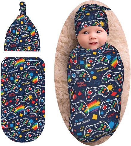 Farm Animals Cute Baby Stuff Swaddle Blanket with Beanie Set, Newborn Swaddling Blanket Outfit Infant Shower Gift for Boys Girls in Kuwait