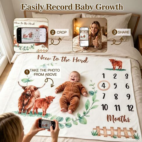 Baby Monthly Milestone Blanket Highland Cows Photo Prop Month Blanket Gift | Soft Fleece Blanket Growth Chart First Year Milestones for Newborn Boy Girl Nursery Scotland Baby Shower Décor 40" X 50" in Kuwait