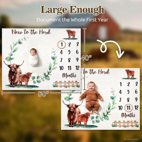 Baby Monthly Milestone Blanket Highland Cows Photo Prop Month Blanket Gift | Soft Fleece Blanket Growth Chart First Year Milestones for Newborn Boy Girl Nursery Scotland Baby Shower Décor 40" X 50" in Kuwait