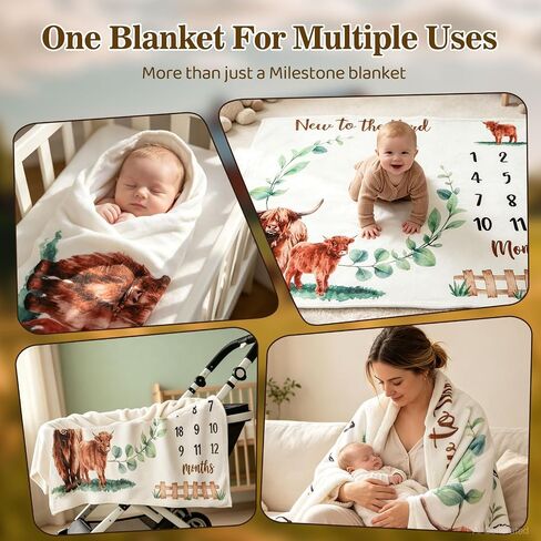 Baby Monthly Milestone Blanket Highland Cows Photo Prop Month Blanket Gift | Soft Fleece Blanket Growth Chart First Year Milestones for Newborn Boy Girl Nursery Scotland Baby Shower Décor 40" X 50" in Kuwait