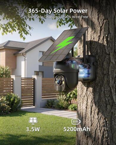 Ctronics 3MP Solar Security Camera Wireless Outdoor WiFi, PTZ Surveillacne Camera Battery-Powered for Home Security, 360° View, LED Light Color Night Vision, PIR Human Detection, 2-Way Audio (Grey) in Kuwait