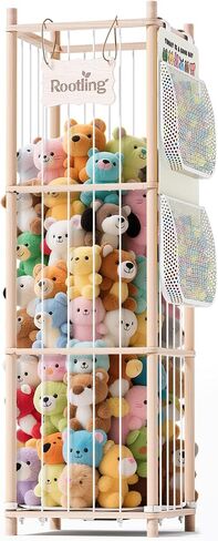 Stuffed Animal Storage & Organizer, 54 inch Tall Wooden Cute Zoo Toy Holder w/Building Block Storage Bag, Premium Wooden Material with Elastic Cord For Toddler Rooms, Playrooms & Bedrooms in Kuwait