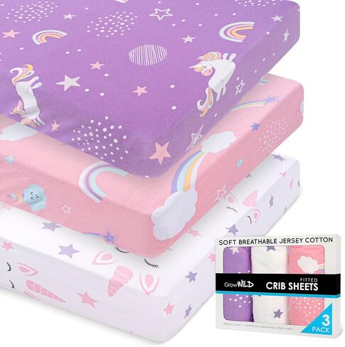 Fitted Crib Sheets 3pck, 52"x28" Butterflies & Flowers Sheet | | Soft Jersey Knit Cotton Crib Bedding Set for Baby Girls, Breathable Snug Elastic Fit for Crib Mattresses & Toddler Bed Sheets in Kuwait
