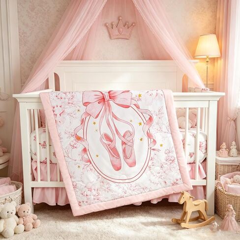 4-Piece Crib Bedding Set for Girls Boys, Baby Crib Bedding Set for Newborn & Infant, Neutral Nursery Bed Set Includes Comforter, Fitted Sheet, Crib Skirt, and Diaper Stacker, Pink Ballet in Kuwait