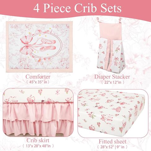 4-Piece Crib Bedding Set for Girls Boys, Baby Crib Bedding Set for Newborn & Infant, Neutral Nursery Bed Set Includes Comforter, Fitted Sheet, Crib Skirt, and Diaper Stacker, Pink Ballet in Kuwait