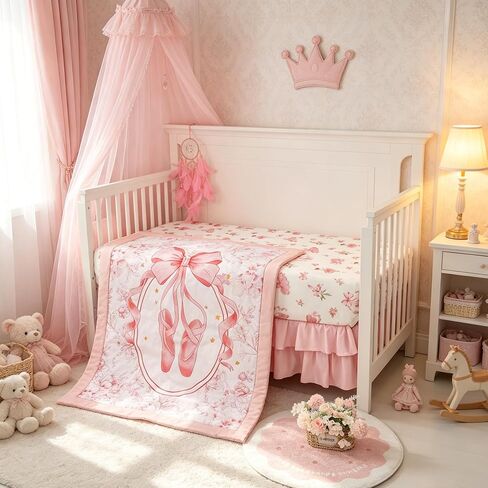 4-Piece Crib Bedding Set for Girls Boys, Baby Crib Bedding Set for Newborn & Infant, Neutral Nursery Bed Set Includes Comforter, Fitted Sheet, Crib Skirt, and Diaper Stacker, Pink Ballet in Kuwait