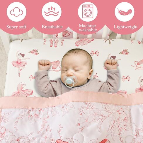 4-Piece Crib Bedding Set for Girls Boys, Baby Crib Bedding Set for Newborn & Infant, Neutral Nursery Bed Set Includes Comforter, Fitted Sheet, Crib Skirt, and Diaper Stacker, Pink Ballet in Kuwait