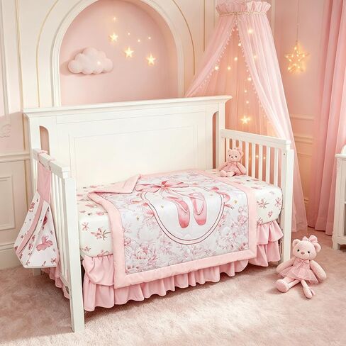 4-Piece Crib Bedding Set for Girls Boys, Baby Crib Bedding Set for Newborn & Infant, Neutral Nursery Bed Set Includes Comforter, Fitted Sheet, Crib Skirt, and Diaper Stacker, Pink Ballet in Kuwait