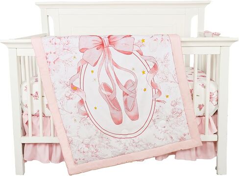 4-Piece Crib Bedding Set for Girls Boys, Baby Crib Bedding Set for Newborn & Infant, Neutral Nursery Bed Set Includes Comforter, Fitted Sheet, Crib Skirt, and Diaper Stacker, Pink Ballet in Kuwait