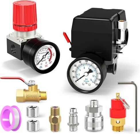 4 Way Air Compressor Pressure Switch Control Valve Kit 120-150 PSI, 110V-240V, With 0-200 Pressure gauge, Air Compressor Regulator and Safety Pressure Relief Valve in Kuwait