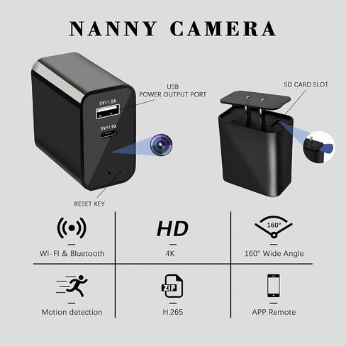 2026 Upgraded Camera Charger with WiFi Wireless Charger, 4K Security Camera Wireless Outlet Charger 160 Wide View & Remote App View (2.4GHz Nanny Cam for Home Indoor) in Kuwait