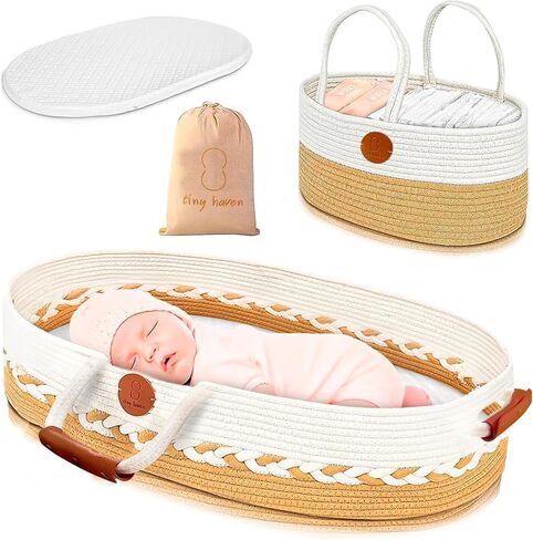 Moses Basket for Newborn Portable Baby Bassinet with Handles for Carrying, Cotton-Blend Rope, Beige and White, & Baby Changing Diaper Caddy Organizer, Nursery & Travel Essentials in Kuwait