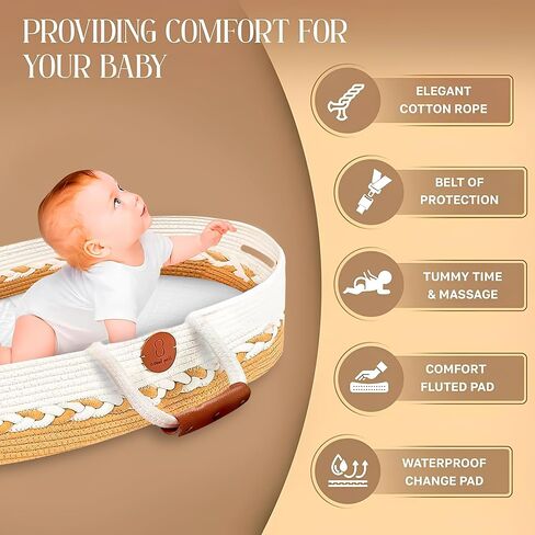 Moses Basket for Newborn Portable Baby Bassinet with Handles for Carrying, Cotton-Blend Rope, Beige and White, & Baby Changing Diaper Caddy Organizer, Nursery & Travel Essentials in Kuwait