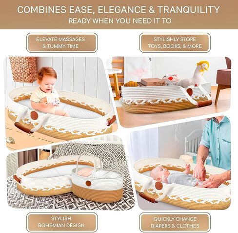 Moses Basket for Newborn Portable Baby Bassinet with Handles for Carrying, Cotton-Blend Rope, Beige and White, & Baby Changing Diaper Caddy Organizer, Nursery & Travel Essentials in Kuwait
