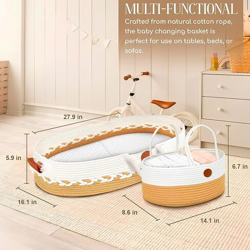 Moses Basket for Newborn Portable Baby Bassinet with Handles for Carrying, Cotton-Blend Rope, Beige and White, & Baby Changing Diaper Caddy Organizer, Nursery & Travel Essentials in Kuwait